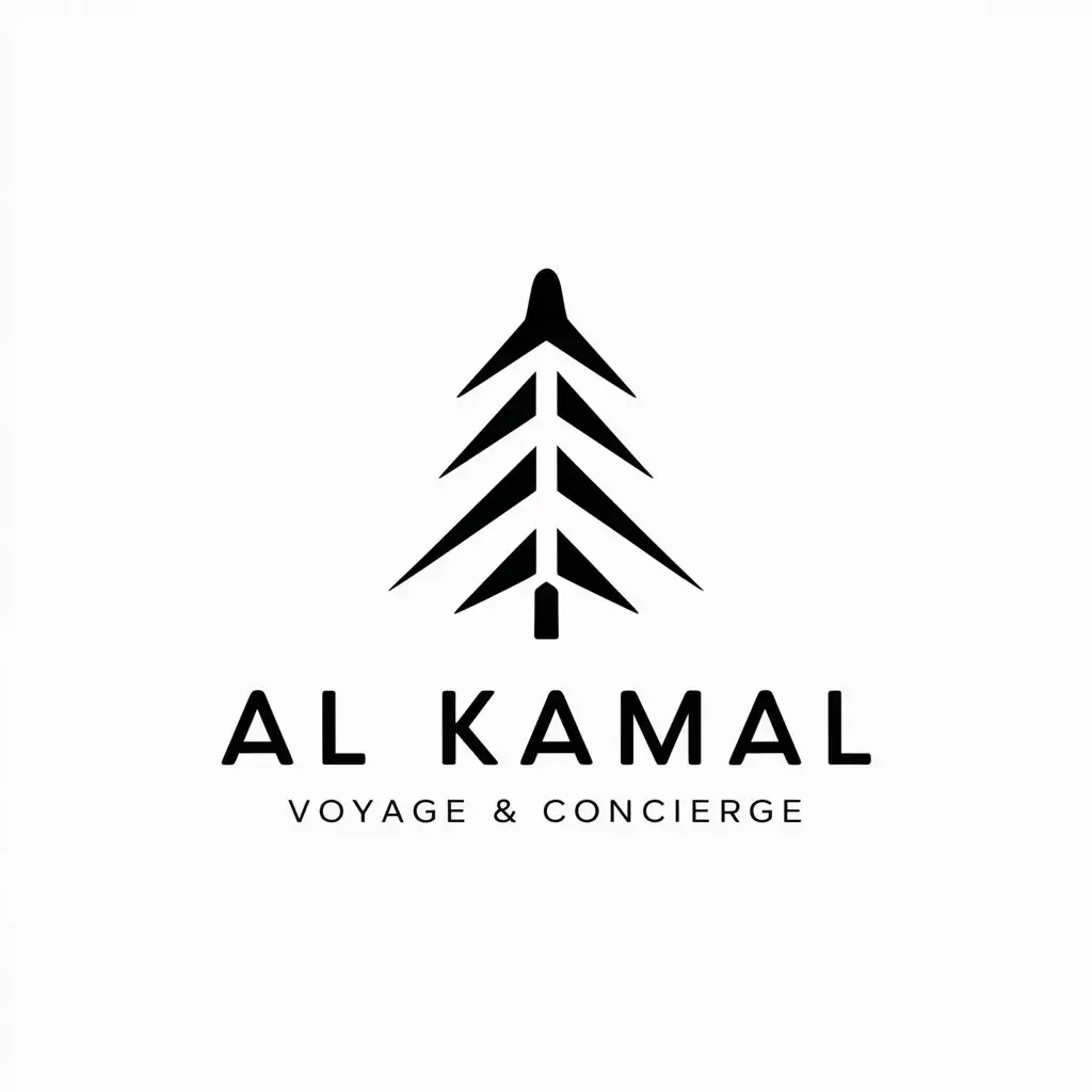 a logo design,with the text "Al Kamal 
Voyage & Concierge", main symbol:airplane, fir tree,Minimalistic,be used in tourism industry,clear background