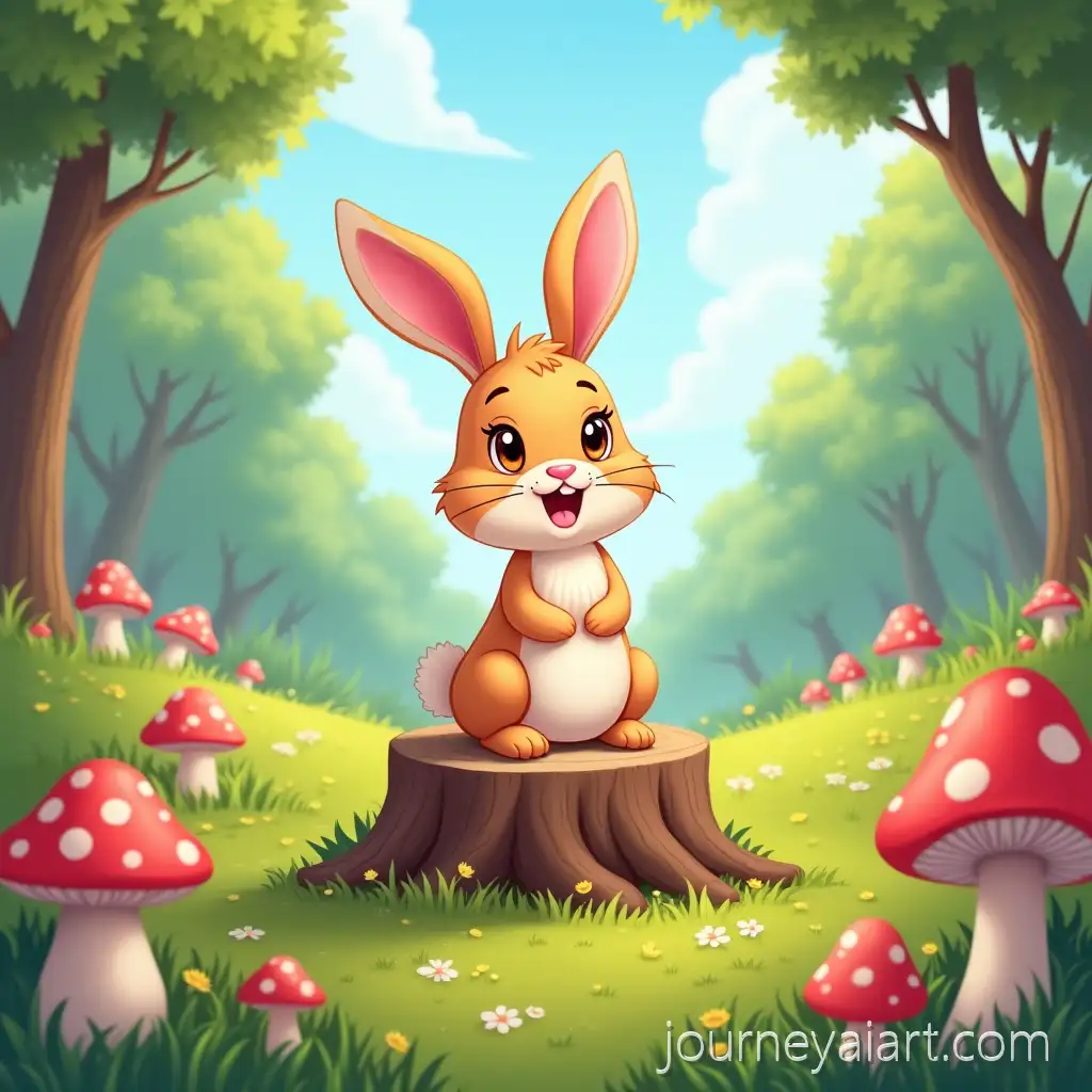 Cute-Cartoon-Bunny-Sitting-on-Stump-in-Bright-Forest-Clearing-with-Mushrooms-and-Berries