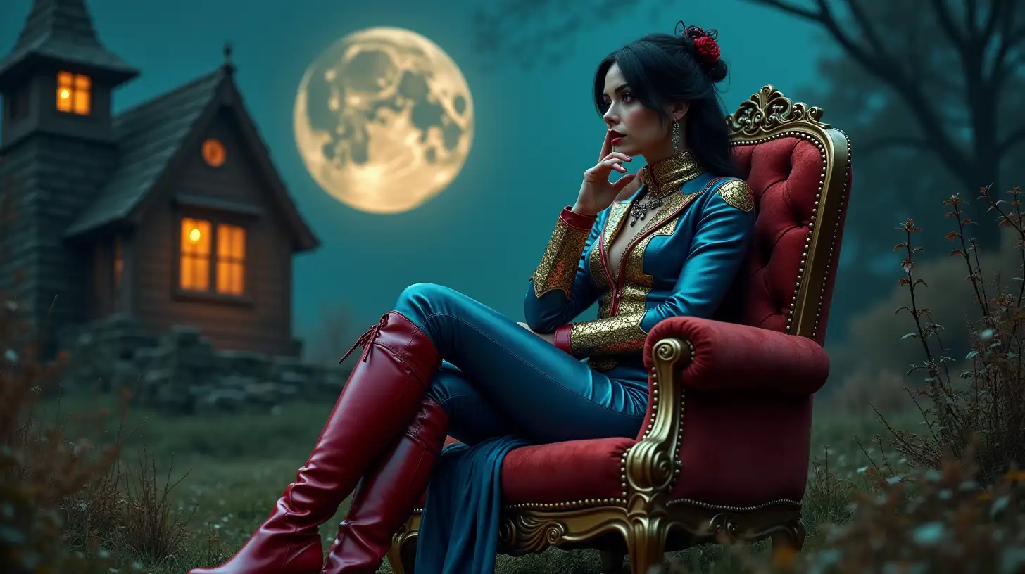 Steampunk Noble Woman in a Blue and Gold Suit on the Dark Side of the Moon