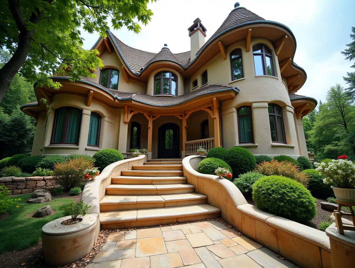 crooked house garden planting-with stucco in the form of plant ornaments, large windows with glass to, curved, smooth window shapes, winding grand entrance stairs made of marble complex curved roof with dike,Lanterns,bench apple tree 4K resolution colorful superwide-angle shots