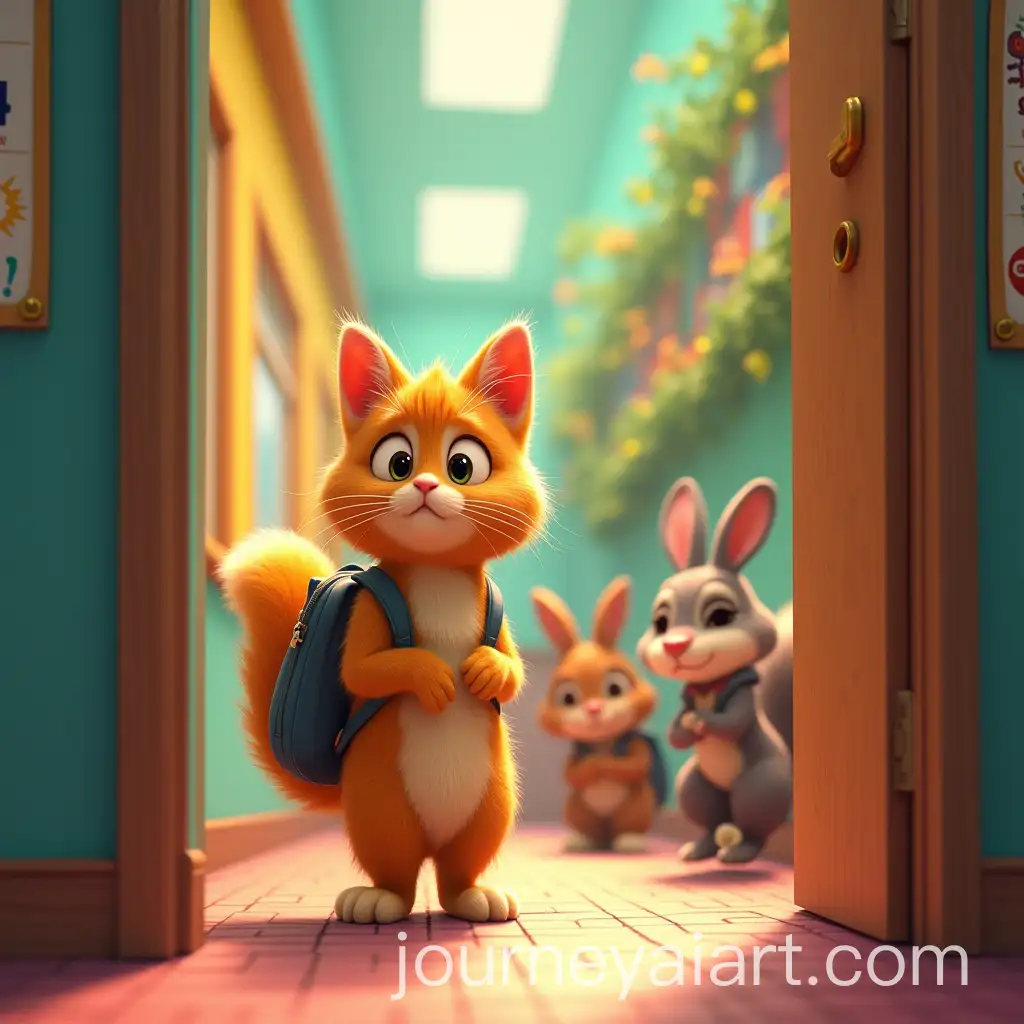 Golden-Scottish-Fold-Cat-Hesitant-at-School-Entrance-with-Animal-Students