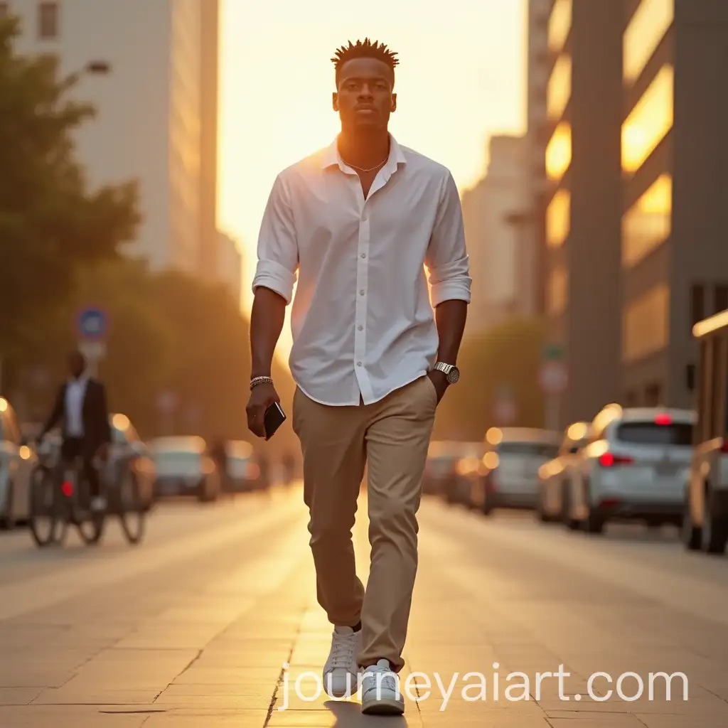 Young-Black-Man-Walking-Confidently-in-a-Modern-City-Street-at-Golden-Hour