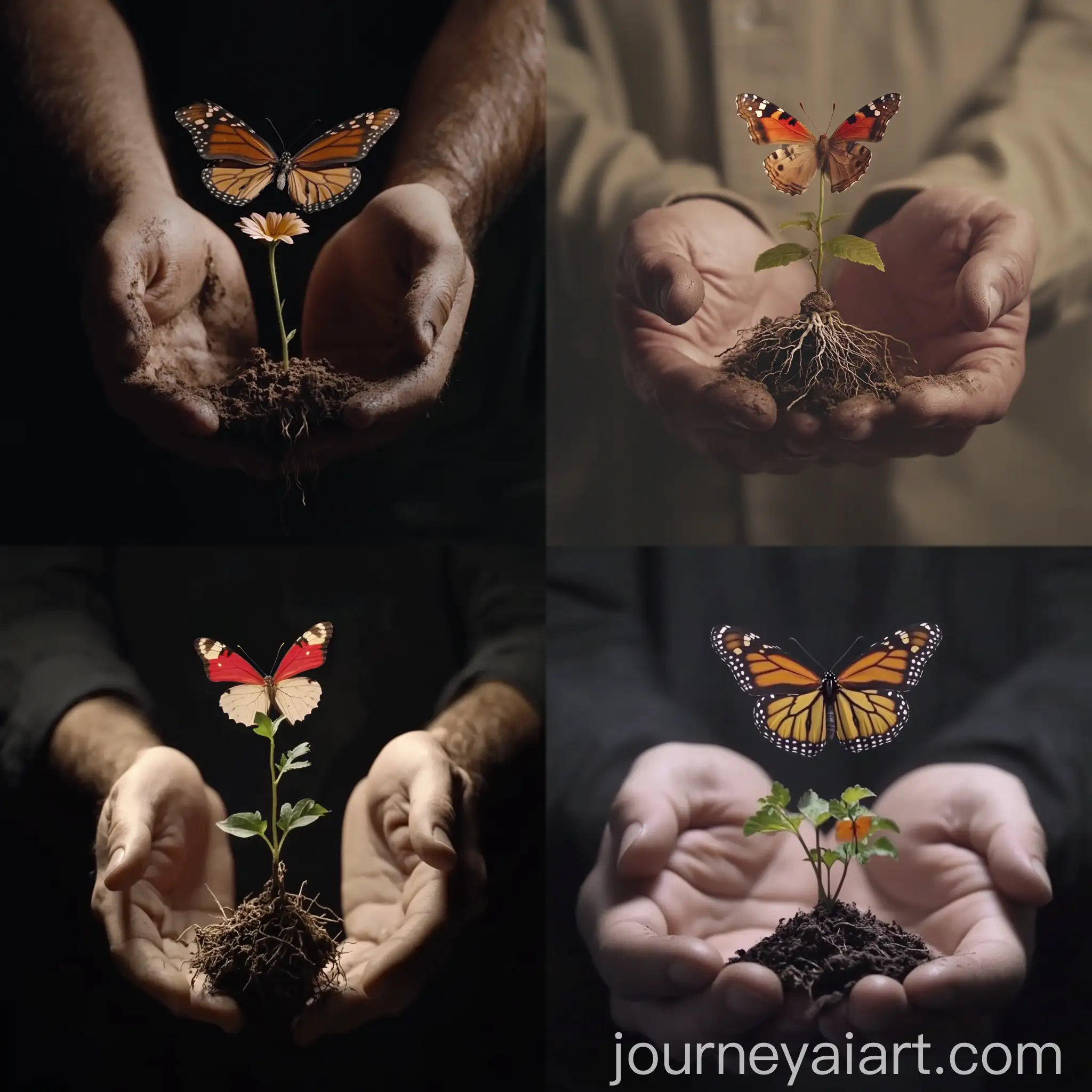 Hyperrealistic-Transformation-Flower-to-Butterfly-in-Intertwined-Hands