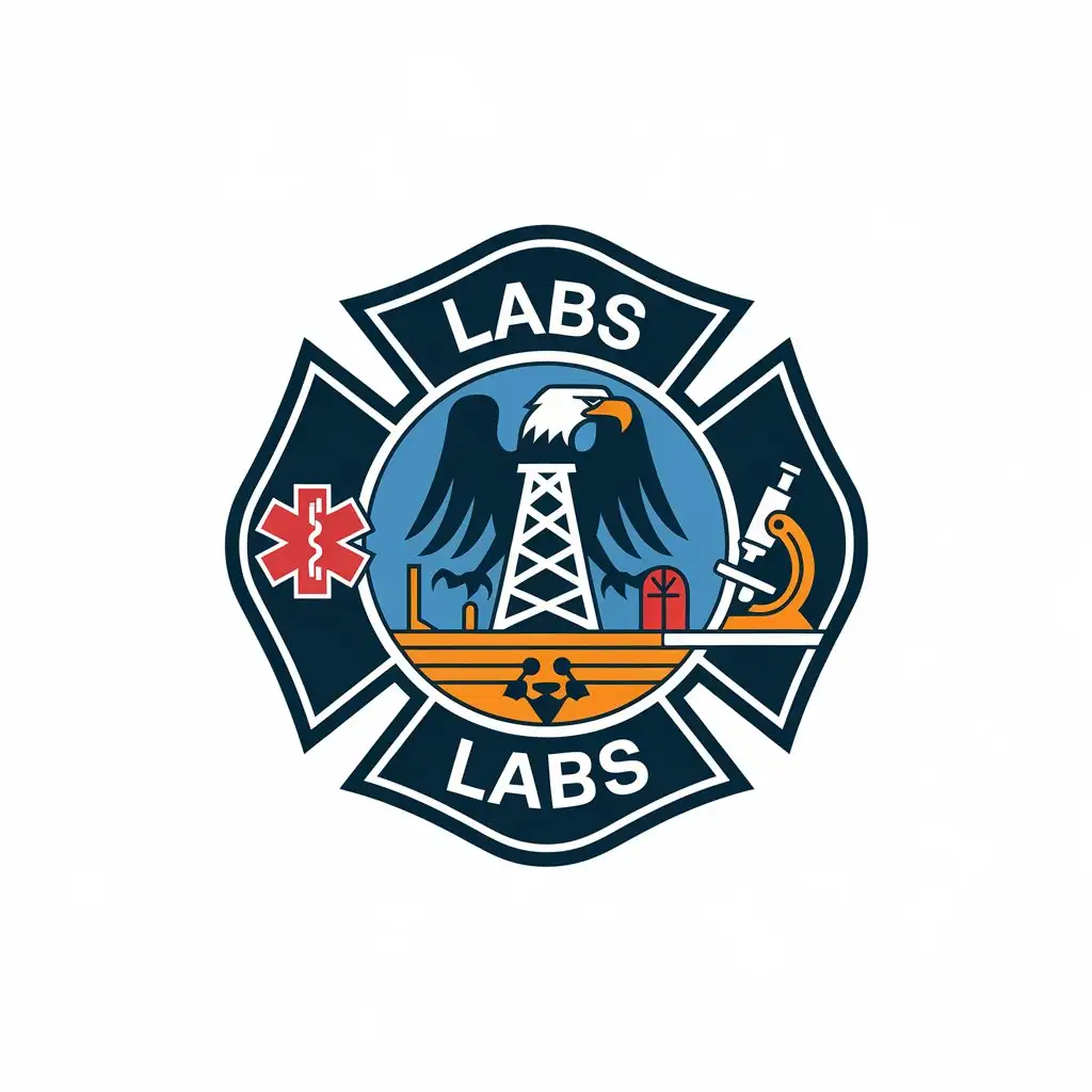 LOGO Design for LABS Firefighter Badge with Eagle Oil Derrick EMS Symbol and Laboratory Elements