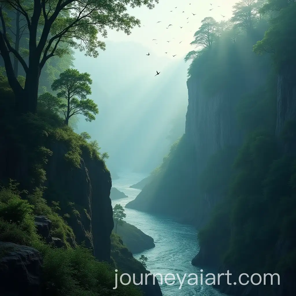 Misty-Forest-Overlooking-Sparkling-River-with-Cliff-and-Birds