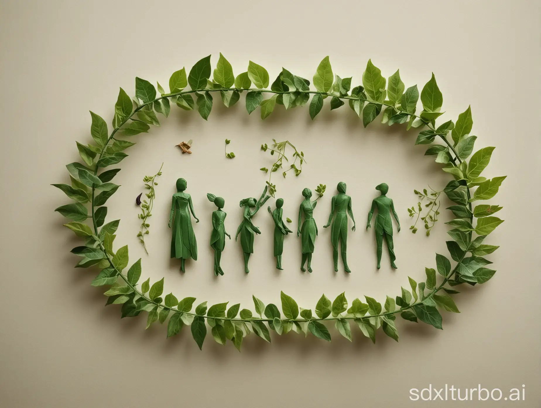 Whimsical miniature figures made up of delicately arranged green leaves