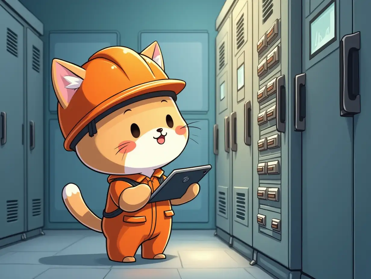 kawaii positive chibi fluffy cat electrical engineer in an orange helmets and in overalls with a with a tablet computer looks at the automation cabinet inside against the background of electrical distribution cabinets the power plant hall of nuclear the power plant and help each other supervises, paint in anime style