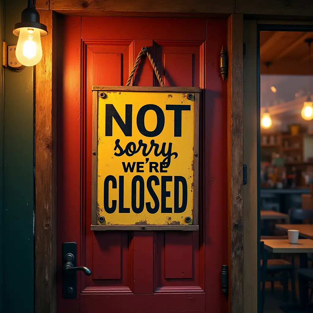 Create a vibrant door sign that boldly states, 'NOT sorry, we're closed!' The sign should be the focal point, hanging on a rustic wooden door with a weathered finish, surrounded by a charming café setting. The composition should feature the sign centered, with soft, warm lighting illuminating the text, creating a welcoming yet definitive closure. Use a color palette of deep reds and warm yellows, contrasting with the earthy tones of the door. The artistic style should be a blend of vintage and modern typography, with a playful font that conveys a cheeky attitude. Incorporate textures like wood grain and a slight sheen on the sign to enhance realism. The atmosphere should feel cozy yet slightly mischievous, evoking a sense of playful defiance. Aim for high-resolution quality, suitable for print, capturing every detail crisply.