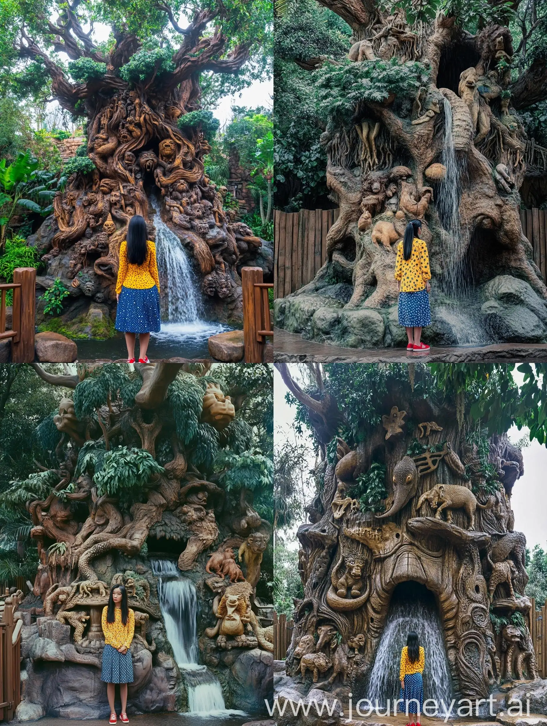 Woman-Standing-in-Front-of-Intricately-Carved-Tree-with-Waterfall-in-Theme-Park