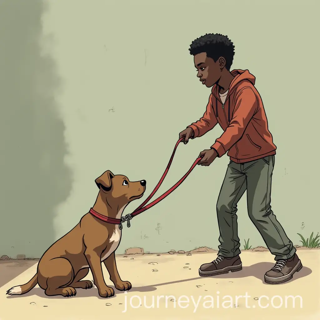 Black-Boy-Pulling-Leash-with-Stray-Dog-in-Realistic-Setting