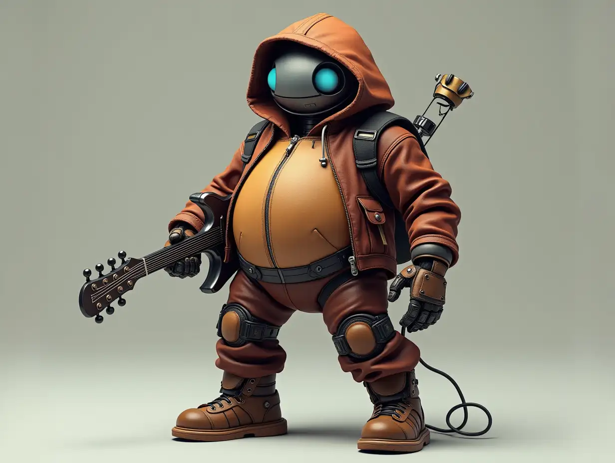 Create a high-resolution, realistic image of a robot with a thick body, brown leather shoes and a fashionable tracksuit, holding a guitar and wearing a hood in 4K resolution