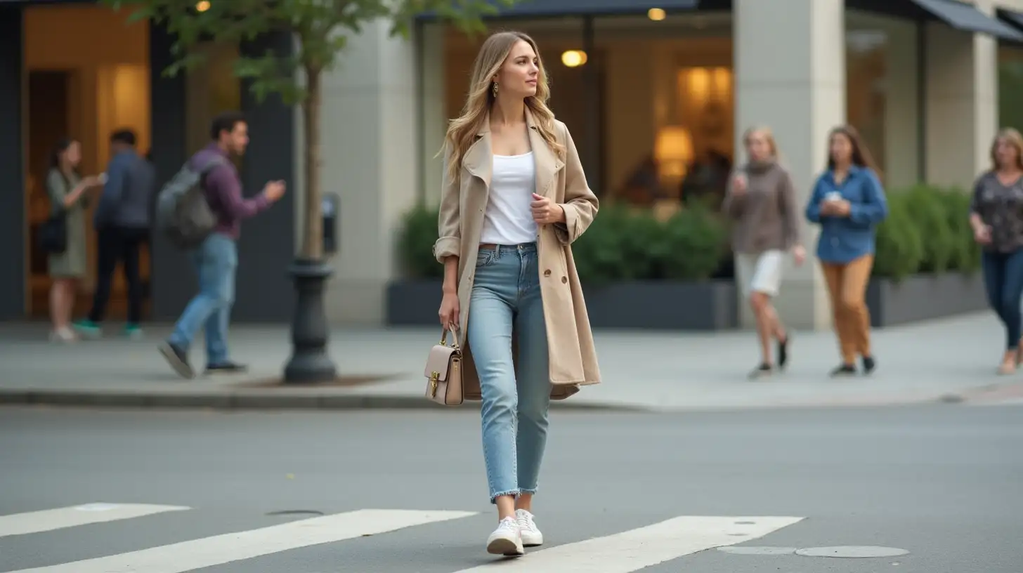 Young American Woman in Fashionable Attire Walking on City Street