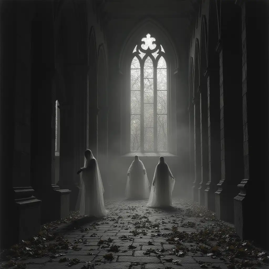 Grisaille, old church, transparent ghosts, autumn atmosphere, intricate architectural details, soft diffused light creates an eerie mood, fallen leaves scattered on the ground, a sense of nostalgia and mystery, subtle contrasts enhancing the ghostly presence, black on black