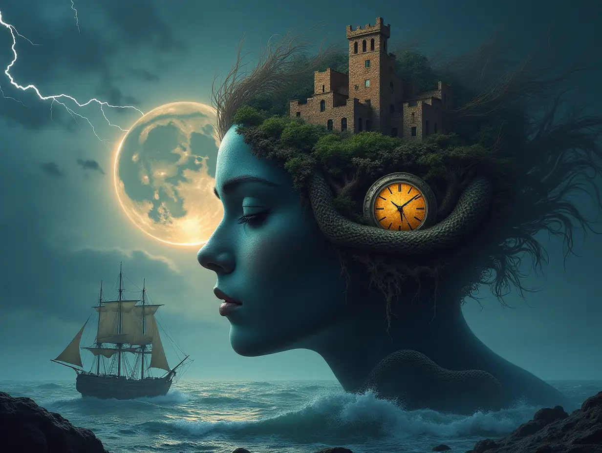 Face with hair transformed into building with lit up clock and roots on an island with lunar eclipse lightning sea sailing ship giant snake with large stones and big waves