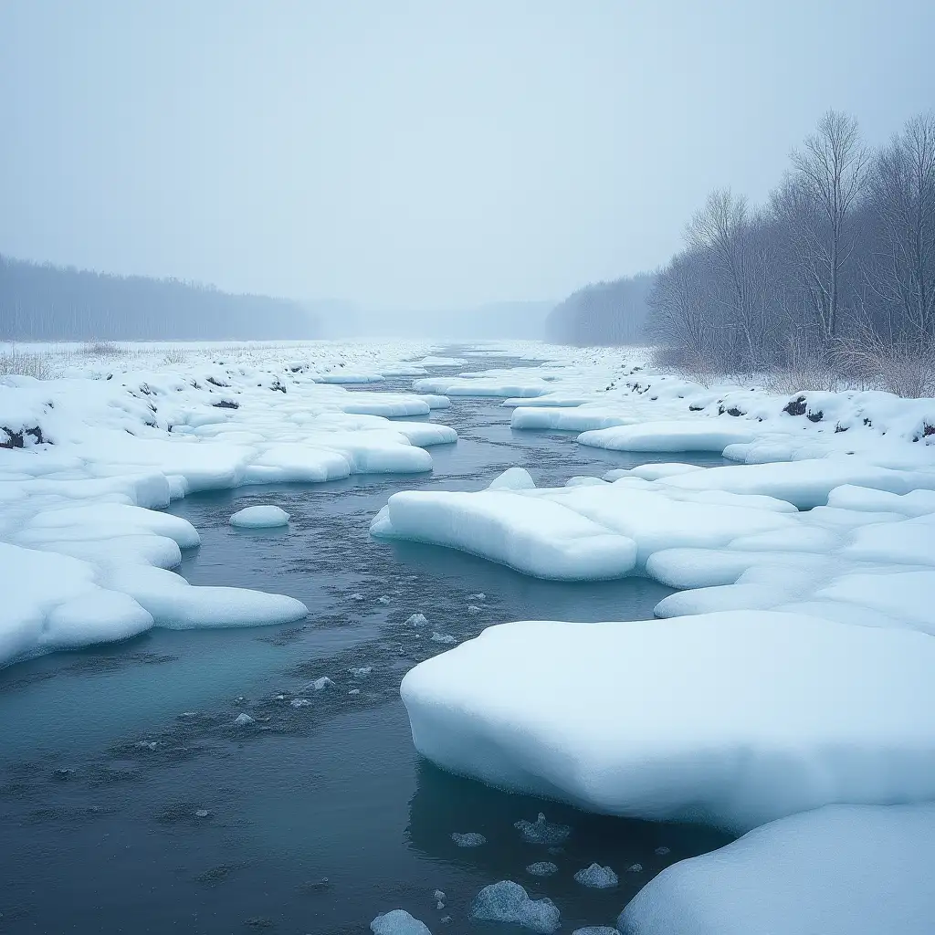 Ice on rivers, ponds and lakes becomes covered with cracks, becomes loose, darkens and melts. At the end of April, the rivers open up and ice drift begins. Ice floes float along the river, break with a crash, and melt water floods the meadows and lowlands. The flood begins. russian nature. photograph.realistic