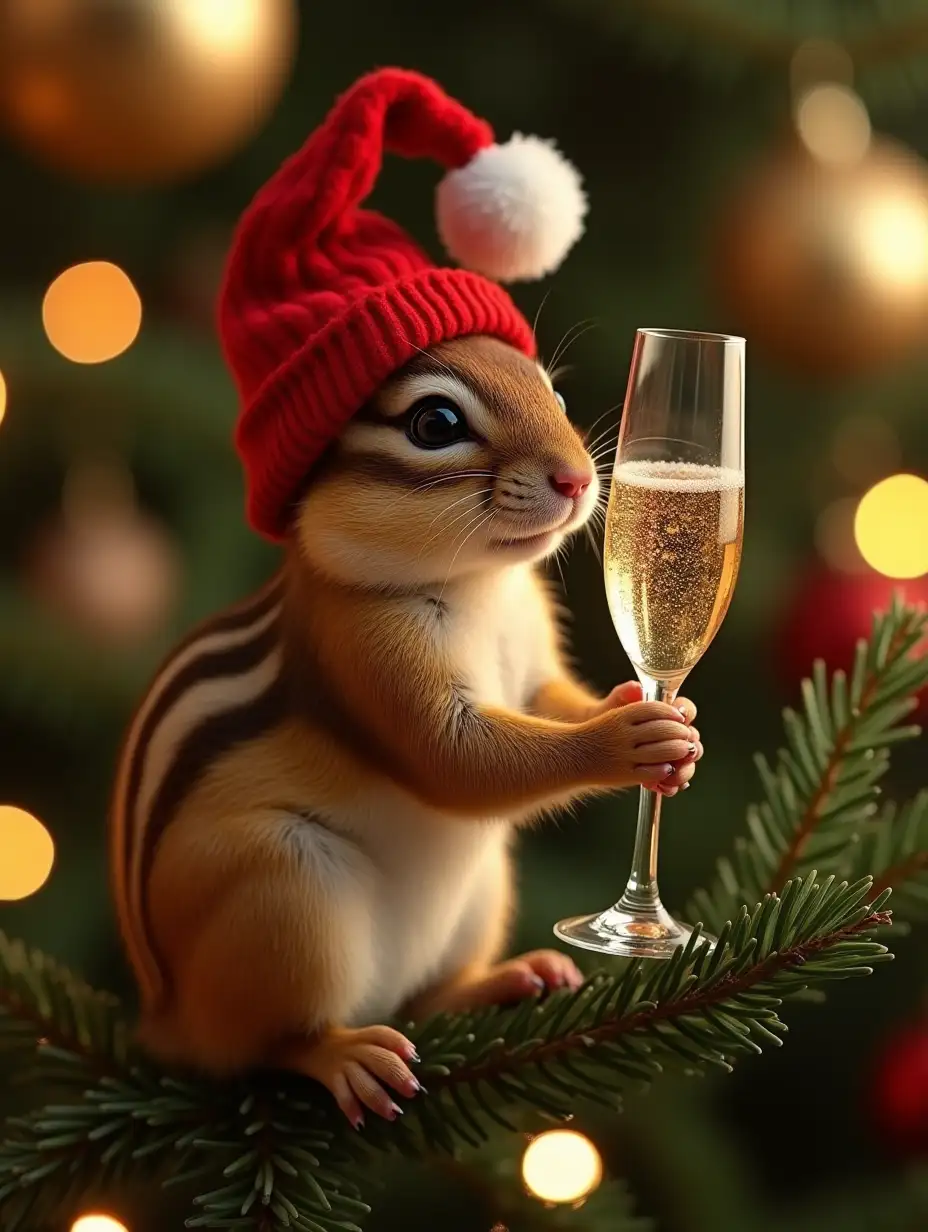 a chipmunk baby in a christmas tree, he wears a red hat with a white pompom, on a branch he holds an uncorked bottle of champagne in his left hand and a glass of champagne in his right hand. The interior lighting is warm, the scene is in profile with breathtaking details like a realistic high-precision, high-definition, very detailed photography