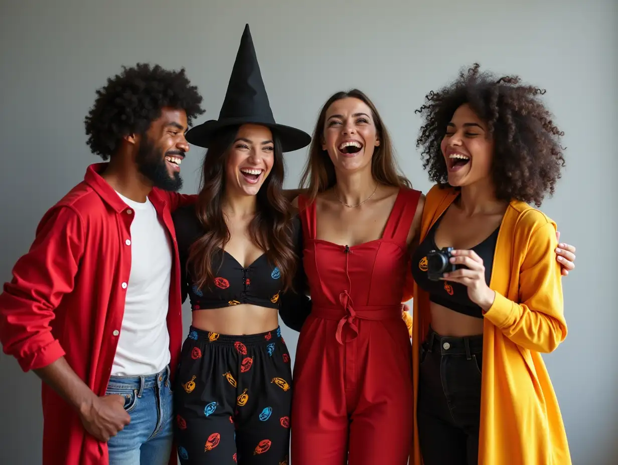 excited multiethnic friends in halloween costumes laughing at camera isolated on grey