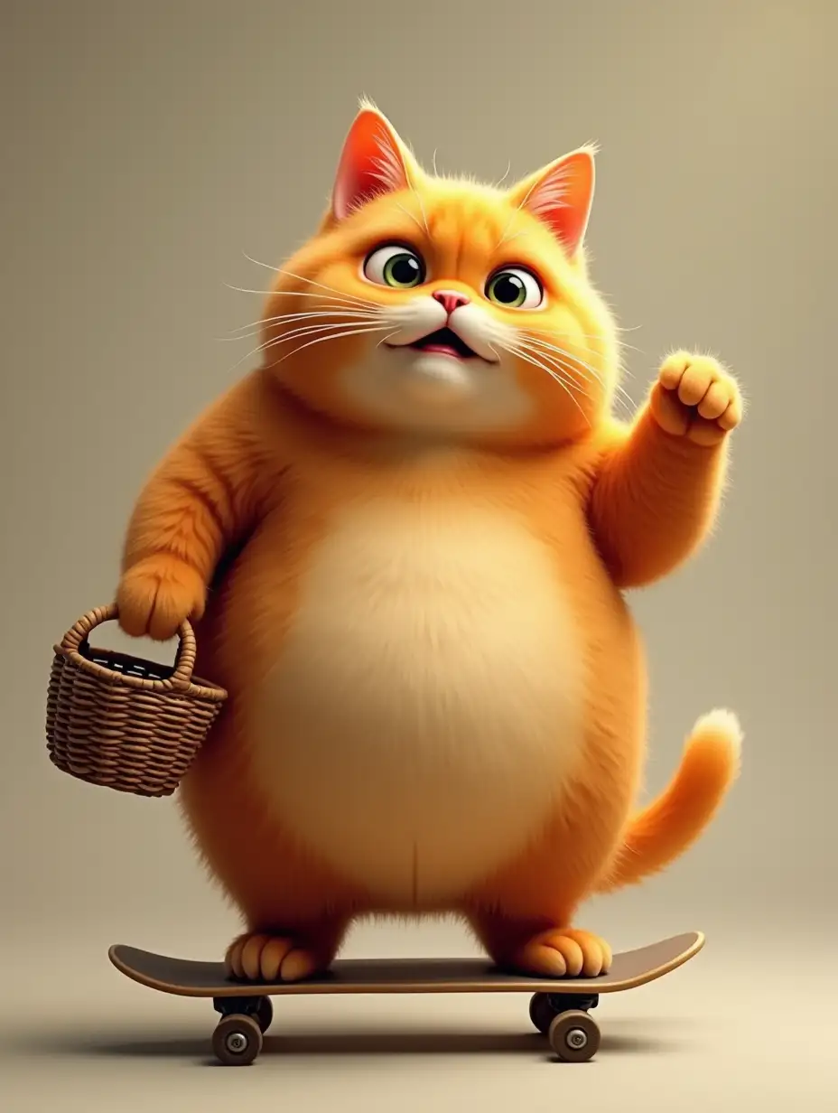 Cute-Fat-Orange-Cat-on-Skateboard-Holding-Basket-with-Big-Bright-Eyes