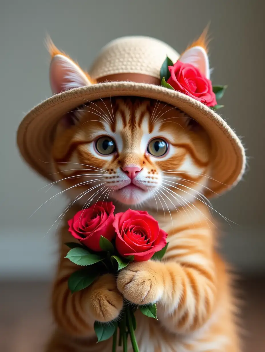 cute cat in a hat with a bouquet of roses