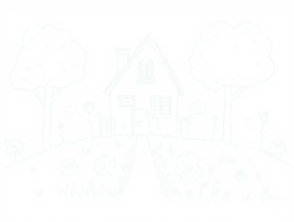 A small house surrounded by flowers, trees, and a garden path, white background with big shapes for easy coloring. These designs are made with bold lines and large shapes to ensure they are simple and enjoyable for young children to color.