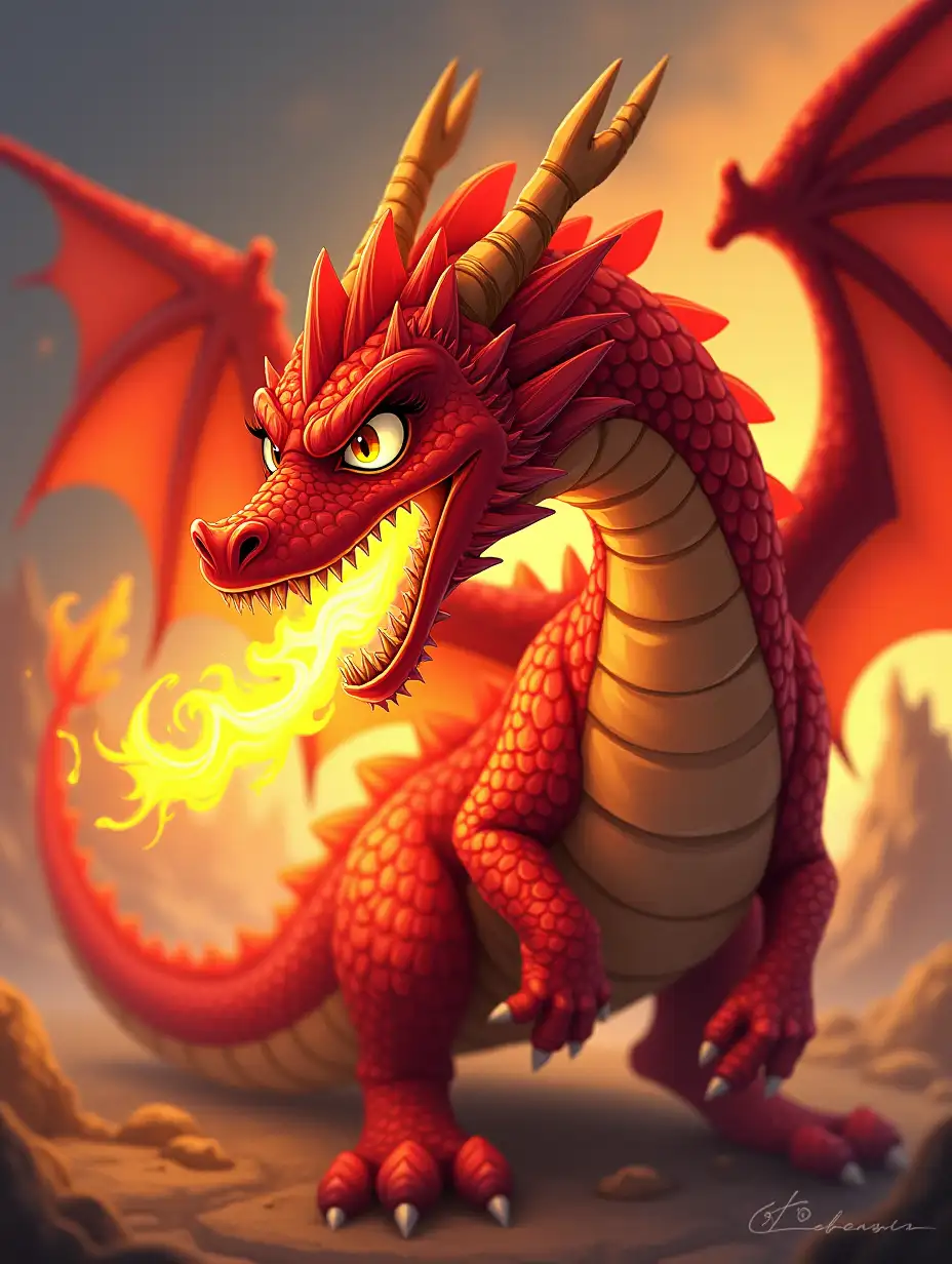 A fierce fire-breathing dragon with crimson scales and golden eyes, cartoon drawing style, fantasy, bright colors, fantasy backgrounds