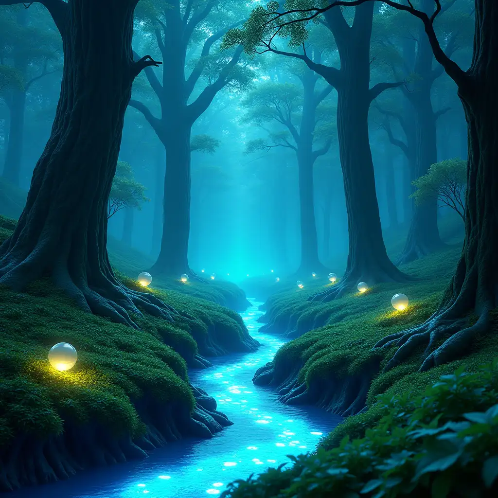 A futuristic forest with towering bioluminescent trees glowing in shades of blue and green, surrounded by a soft mist. The ground is covered in glowing moss and vibrant alien-like plants. A serene stream with shimmering water flows through the forest, reflecting the glowing surroundings. Advanced technology is subtly integrated into nature, such as floating orbs providing light and sleek, minimalistic pathways winding through the trees. The atmosphere feels magical and peaceful, with faint light particles floating in the air.