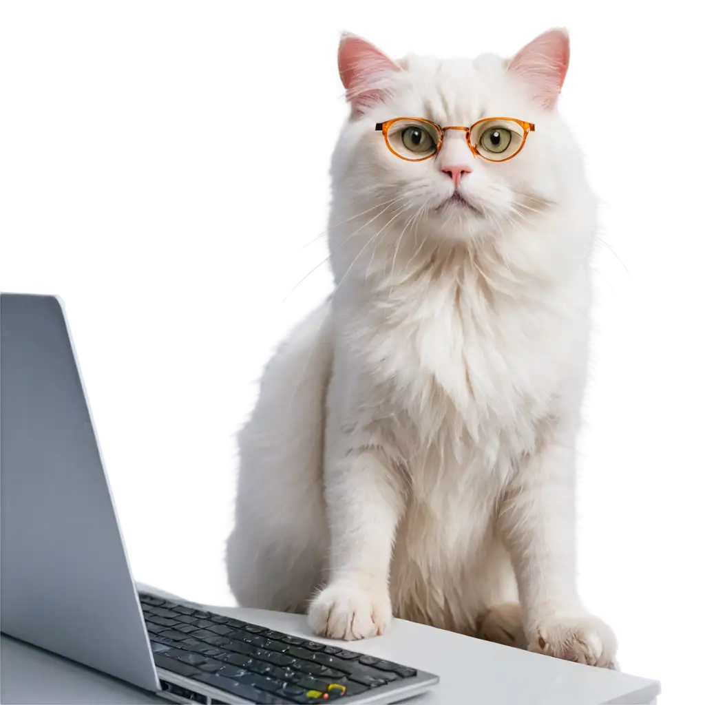 White-Cat-with-Glasses-Sitting-Behind-a-Computer-PNG-Image-for-Creative-Projects