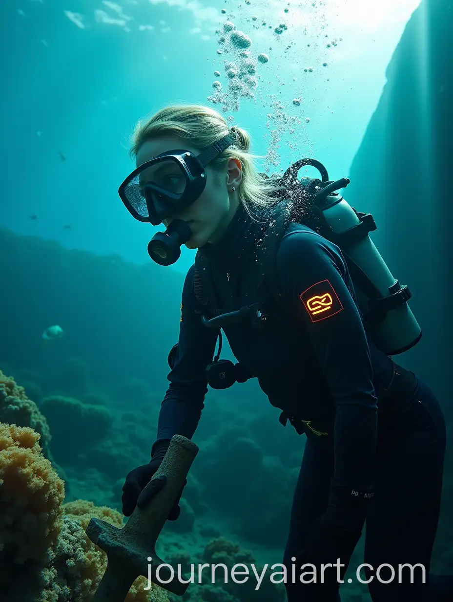 Female-Biologist-Examining-Sunken-Ship-in-Underwater-Coral-Reef