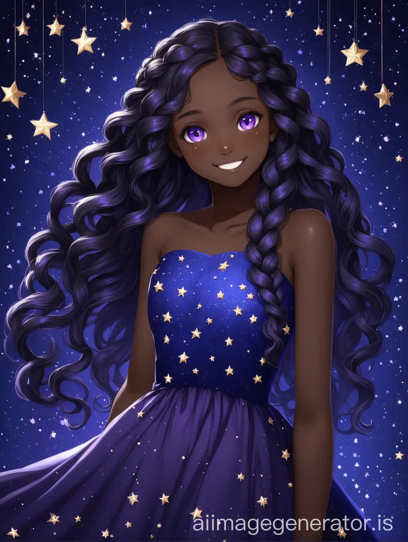 19YearOld-Girl-with-Curly-Black-Hair-and-Starry-BlueViolet-Dress