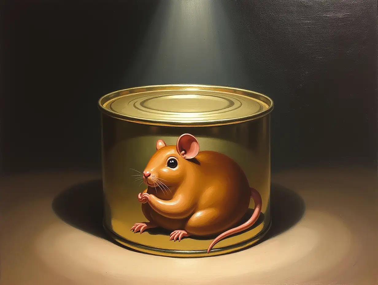 Sealed metal can of pate. On the side of the can you can see an image of an appetizing plump mouse. A beam of light falls on top of the can, there are light reflections on the can. Painting in oil.