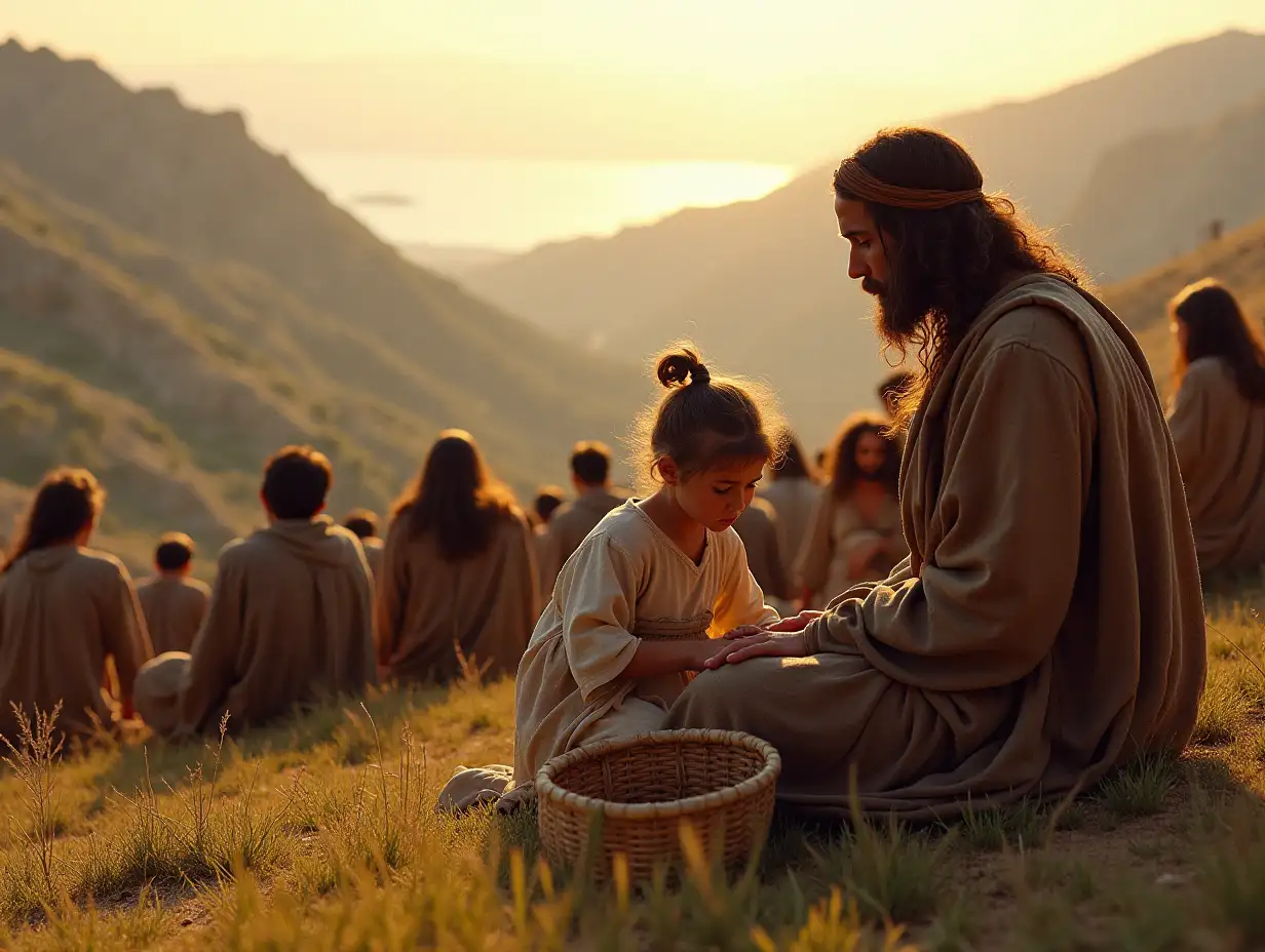 Crowd-Seated-on-Hillside-Near-Bethsaida-with-Mother-Comforting-Child