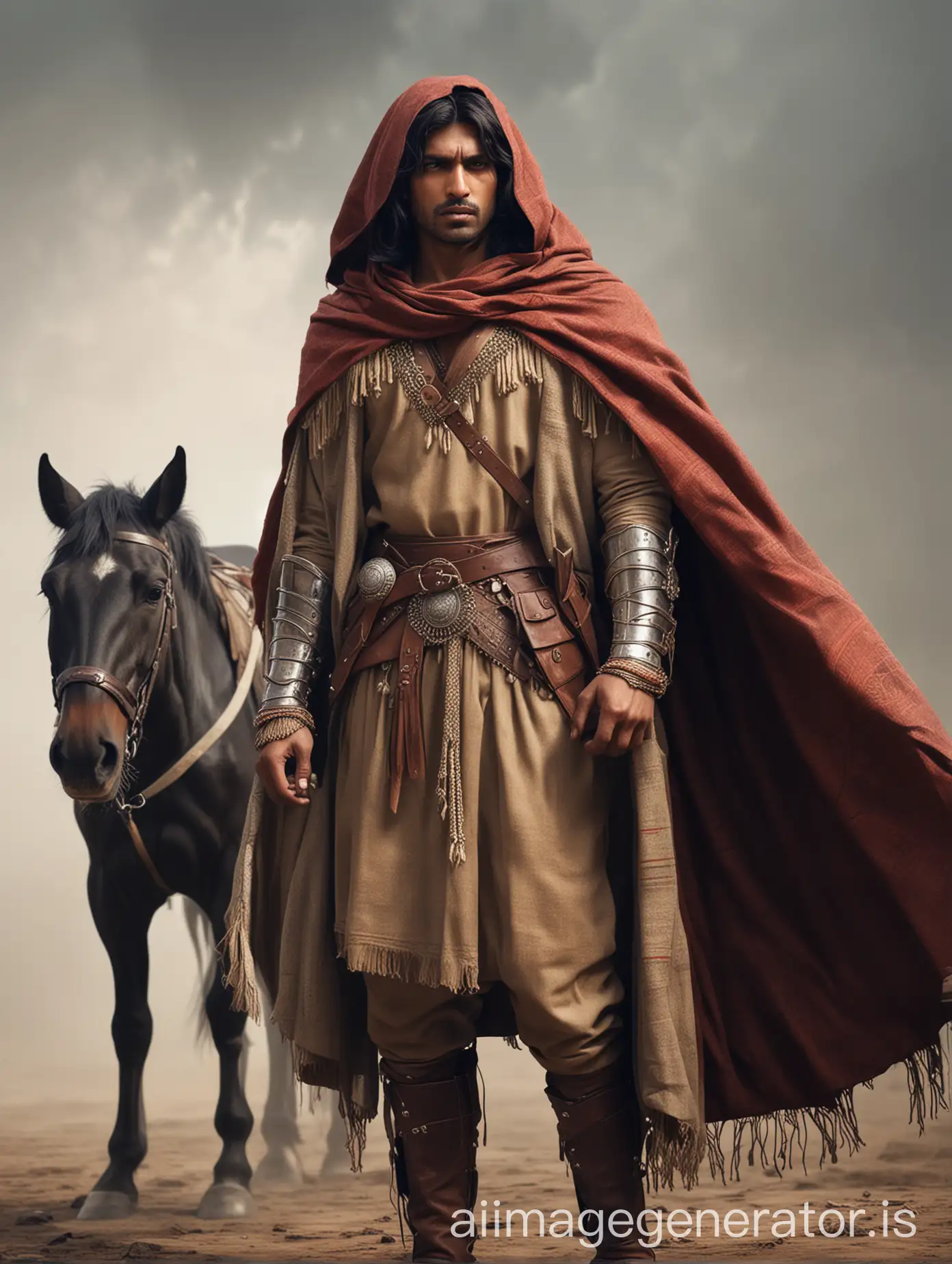 A brave handsome Indian warrior prince, dressed in a cloak his head is also cover with the cloak. He is in search of someone. with a horse standing behind him. realistic render