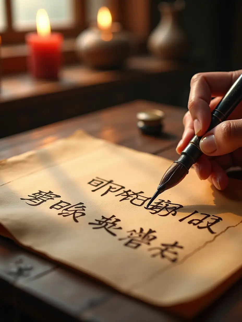 Description: On a faded bamboo slip or piece of cloth, a brush pen with ink writes neat seal script. The clear movement of the brush pen's tip can be seen in the scene, and the ink gradually seeps into the texture of the fibers. The background is an ancient study room, with flickering candlelight and a faint breeze whispering outside, adding historical charm. Style: Warm color tone, imitating ancient style, and emphasizing material details.