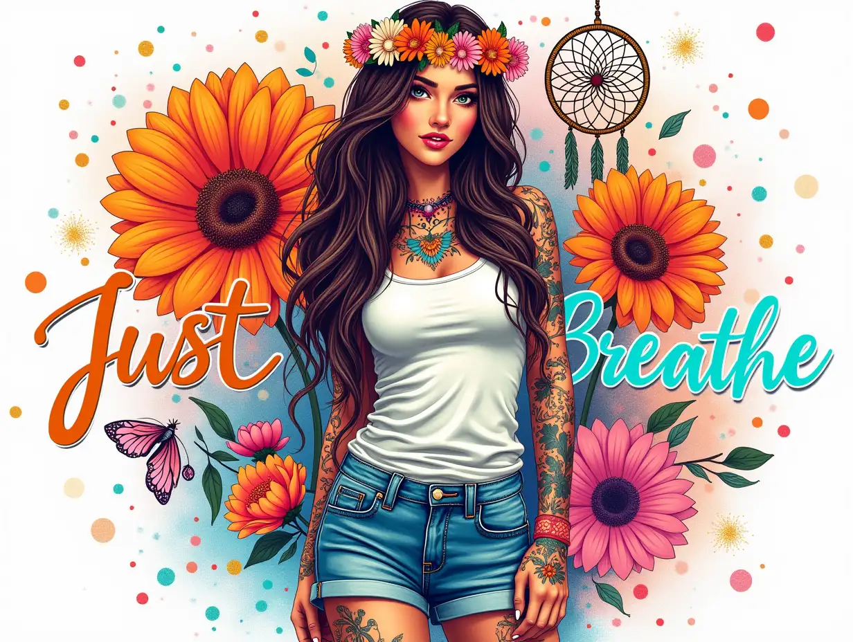 hand drawn art, seamless design. Create a vibrant and colorful illustration of a woman with long, flowing hair adorned with a floral crown. She wears a white tank top and denim shorts, showcasing intricate tattoos that blend with the surrounding elements. The background features a dynamic explosion of large, stylized flowers in bright hues like orange, pink, and blue, along with whimsical dandelion and dreamcatcher motifs. Add splashes of abstract color drips to enhance the sense of movement and energy in the composition. The text 'Just Breathe' should be written in bold, colorful letters, with a neon effect. The background should be filled with glitter and other decorative elements.