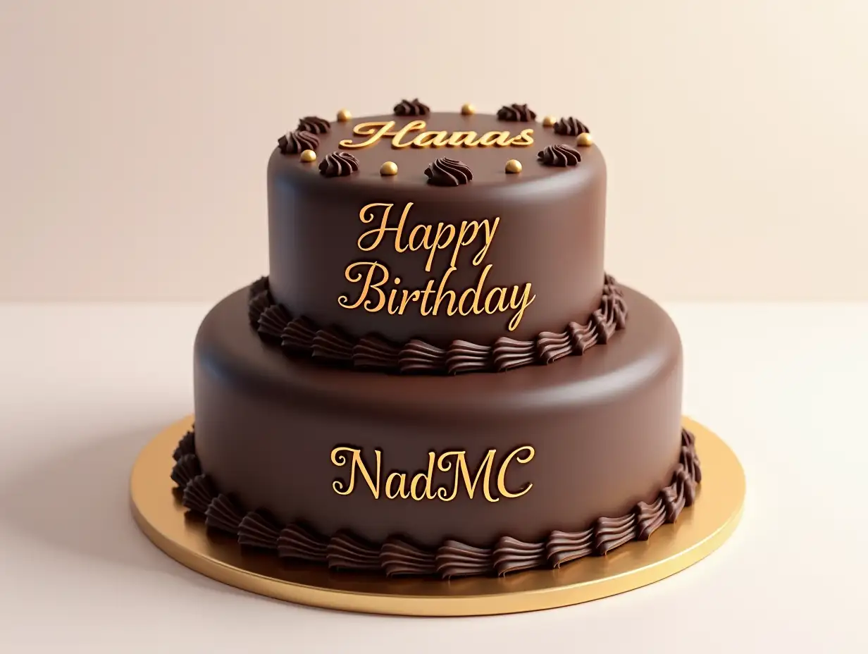 Generate an ultra-realistic image of a two-tier birthday chocolate cake with a classic round shape on each tier. The cake should have a glossy, rich chocolate finish with smooth, decorative frosting featuring subtle swirls and elegant edible gold accents. On the top tier, prominently display the phrase 'Happy Birthday' in a graceful, cursive, and bold style. On the bottom tier, clearly and integrally inscribe the personalized name 'NadMC' (replace with the actual name) in a complementary stylish font. Ensure the texts are balanced in size and carefully integrated into the cake design. Use a plain, softly lit background (such as a light pastel or neutral color) to keep the focus on the cake. The overall mood should be sophisticated yet festive, with a clean, minimal environment that accentuates the cake's details.