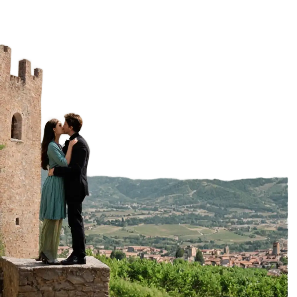 Romeo-and-Juliet-Kissing-at-Soave-Castle-Captivating-PNG-Image-of-Romantic-Scene