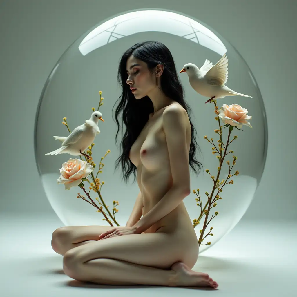 Sensual-Woman-with-Dark-Hair-Sitting-in-Glass-Sphere-Surrounded-by-Birds