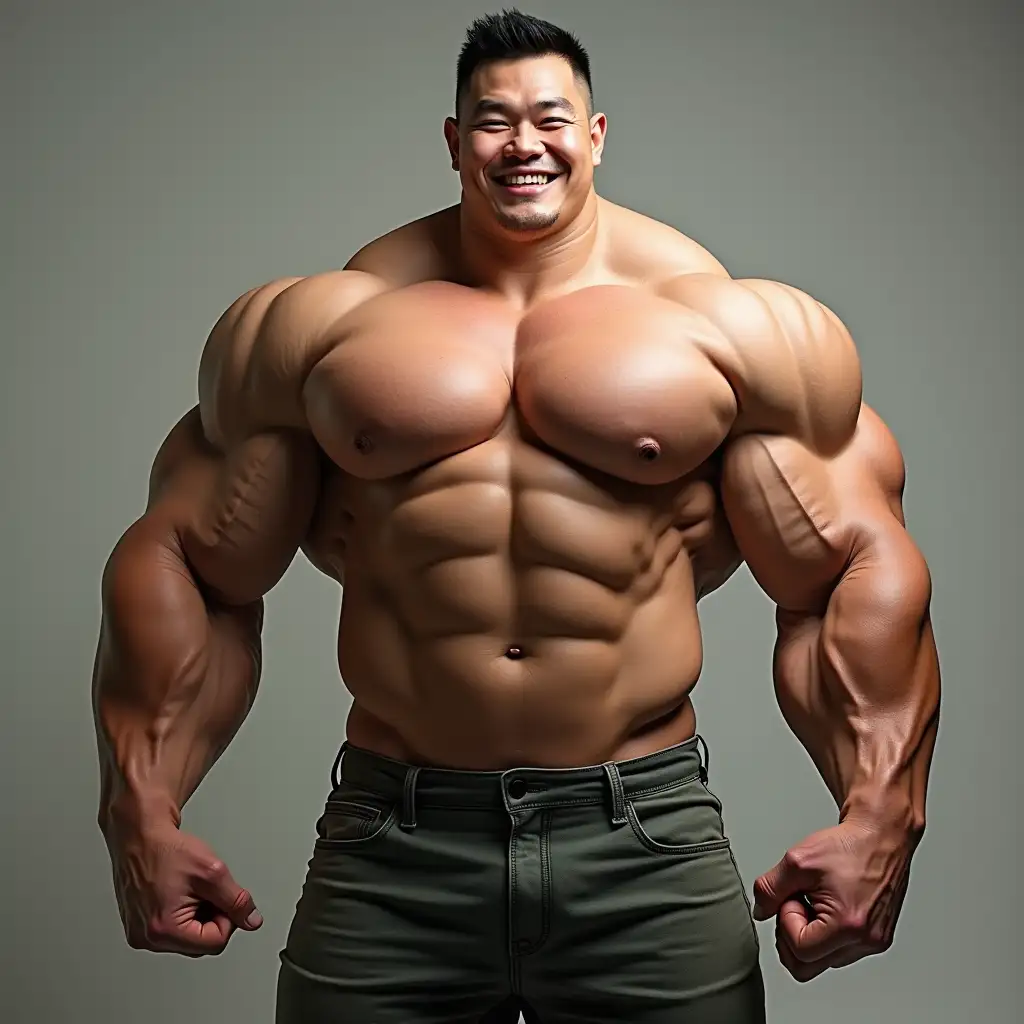 Colossal muscle mass titan-sized Hyper-muscular handsome asian male smiling extremely broad frame fit lean waist ginormous hulking bulging muscles meaty plump pecs boulder shoulders muscle god hyper hypertrophy exaggerated proportions in hyperrealistic style steroids mega overdose sfw