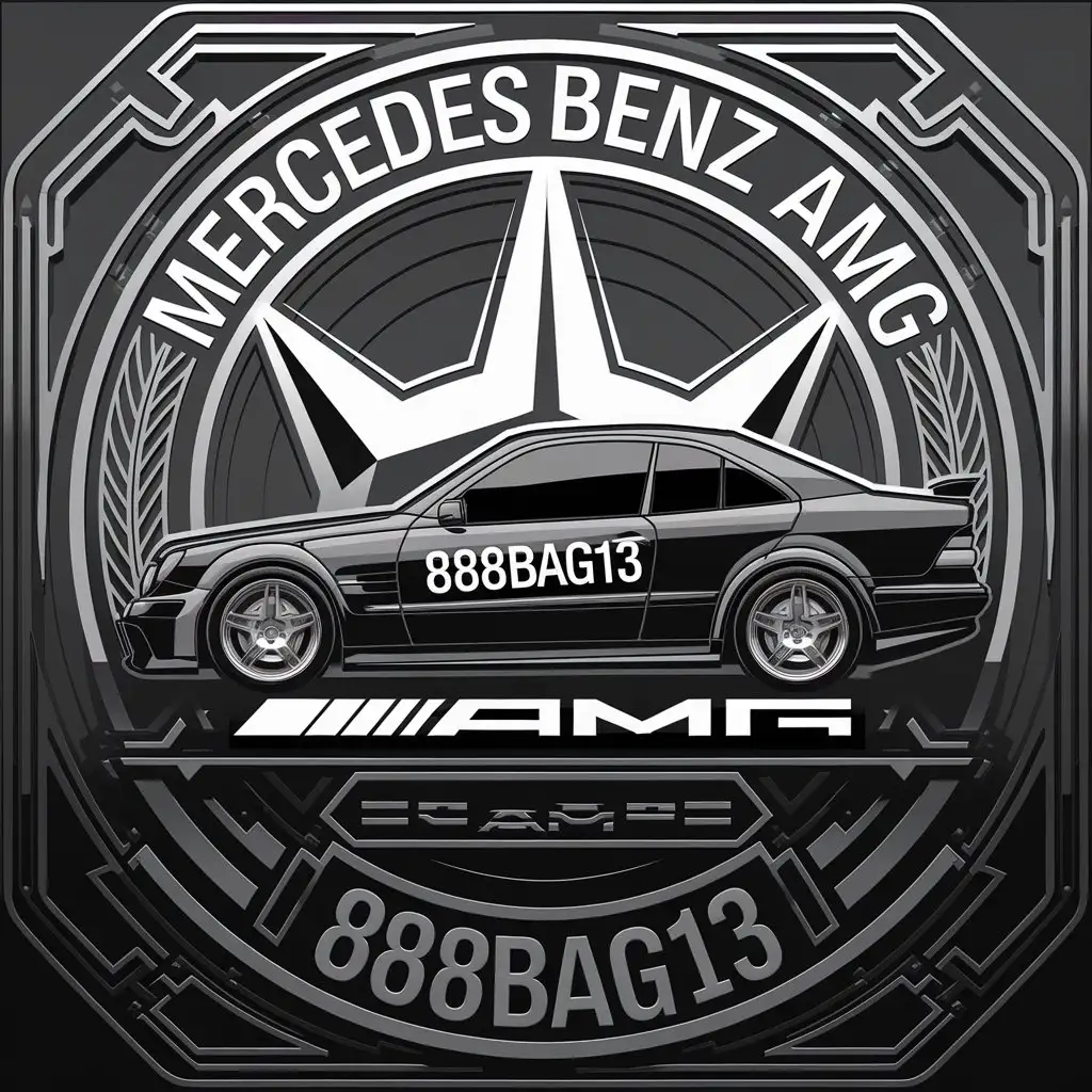 a vector logo design,with the text "Mercedes Benz E63 AMG 888BAG13", main symbol:Mercedes Benz E63 AMG 888BAG13,complex,clear background