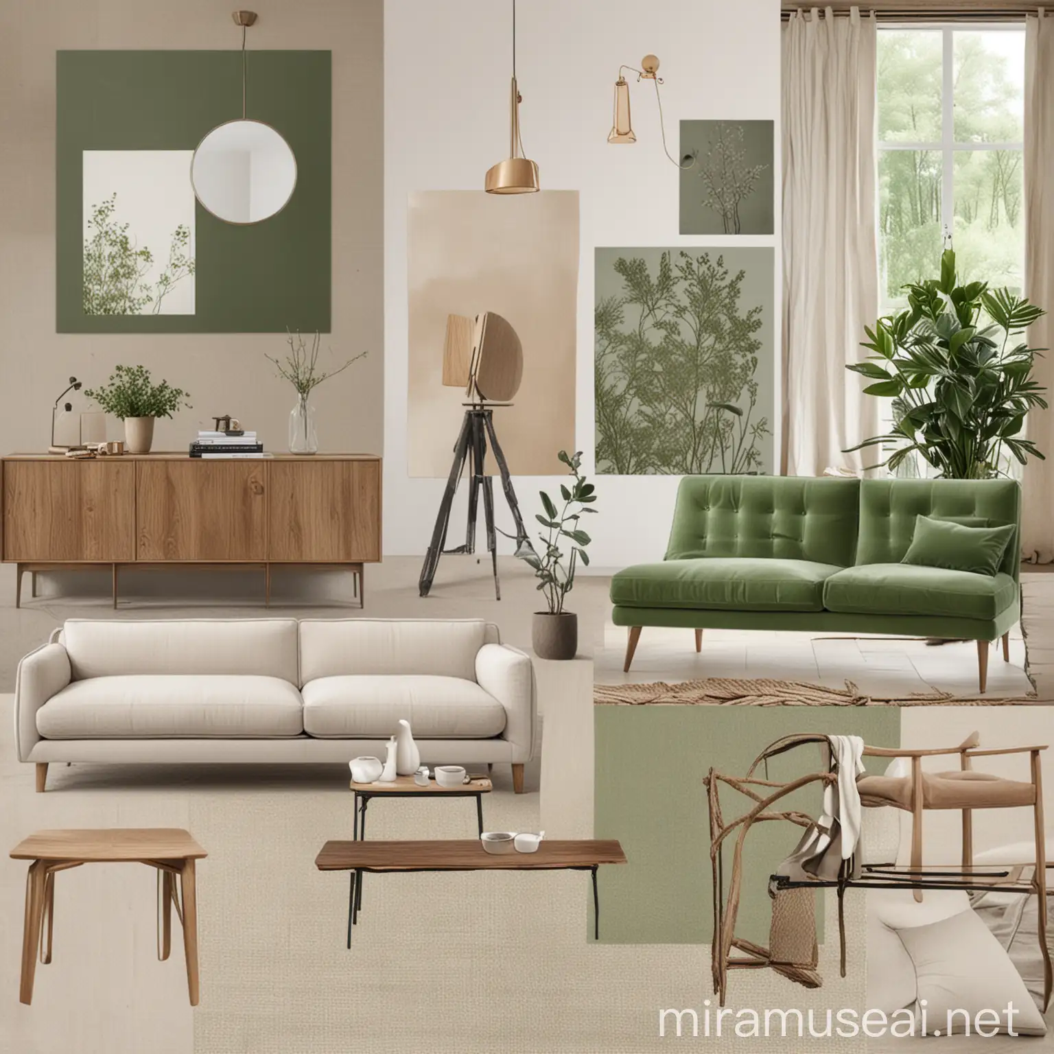 Modern Rural Living Room with Neutral Colors and Green Accent