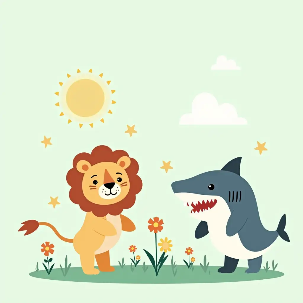 Lion-and-Shark-Friends-in-a-Playful-Garden-Setting