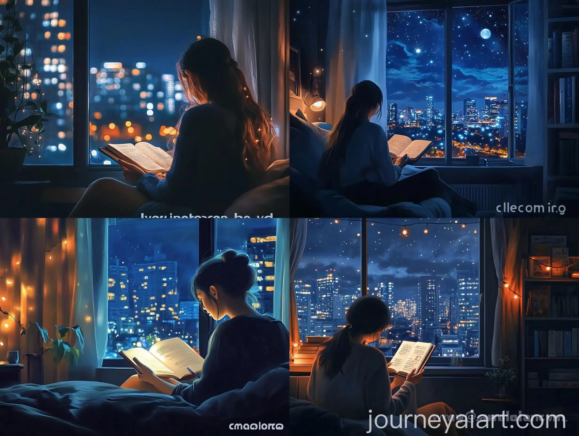 Girl-Studying-in-Night-View-Room