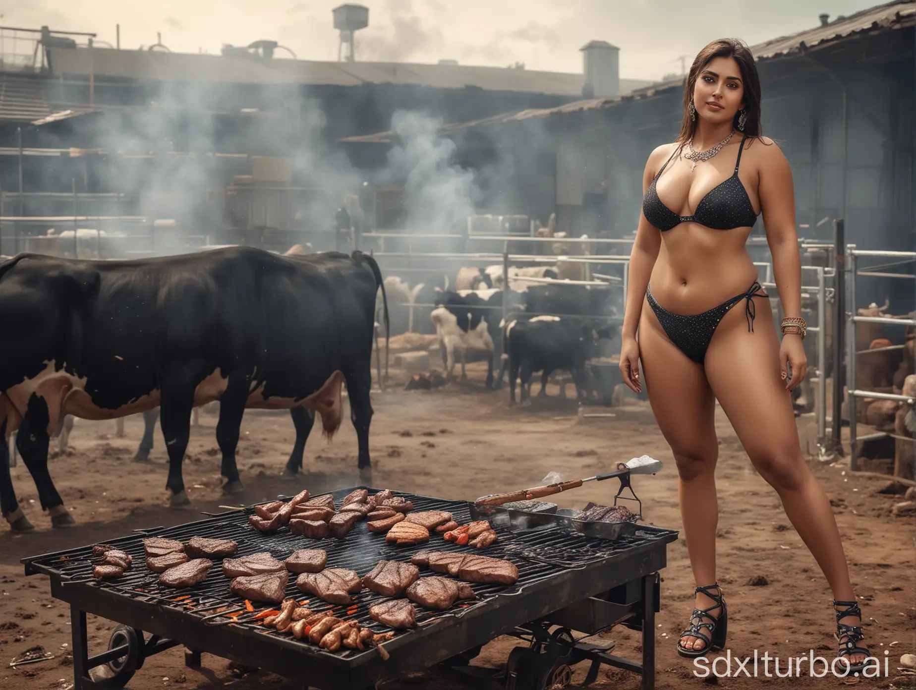 Indian-Woman-Grilling-Steak-at-Barbecue-with-Grazing-Cows-in-Background