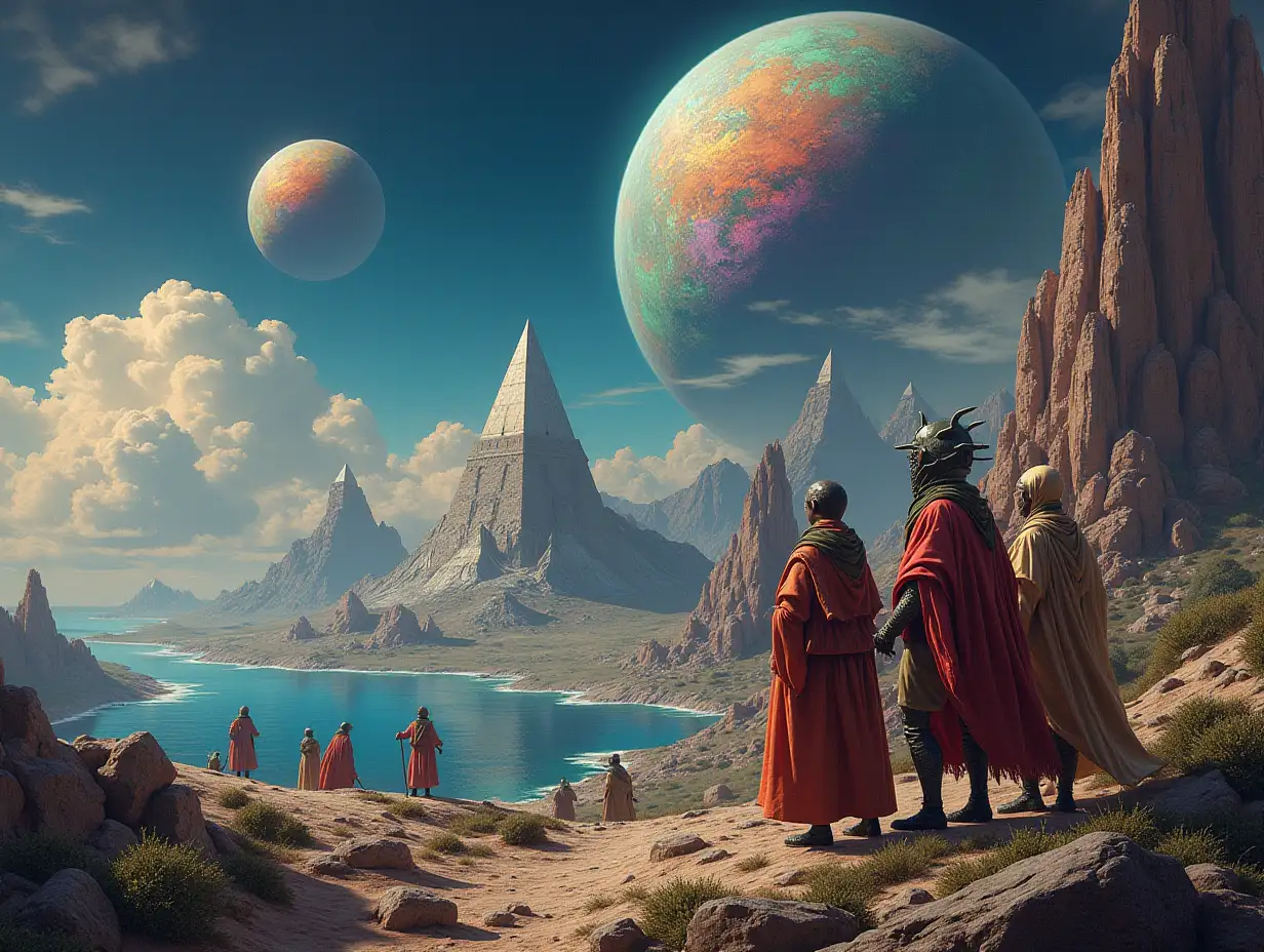 Ultradetailed hyperrealistic portrait of Multiverse time travelers with various alien beings on an island. The elaborately detailed, colorful planet with a pyramid, mountains and sea in the background