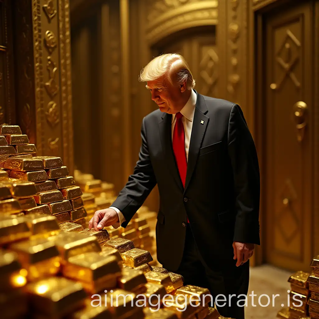 Donald-Trump-in-Gold-Storage-with-Shiny-Gold-Ingots-and-Luxurious-Atmosphere