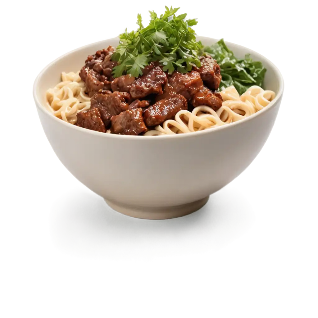 create a bowl of noodles with greenery and pieces of beef