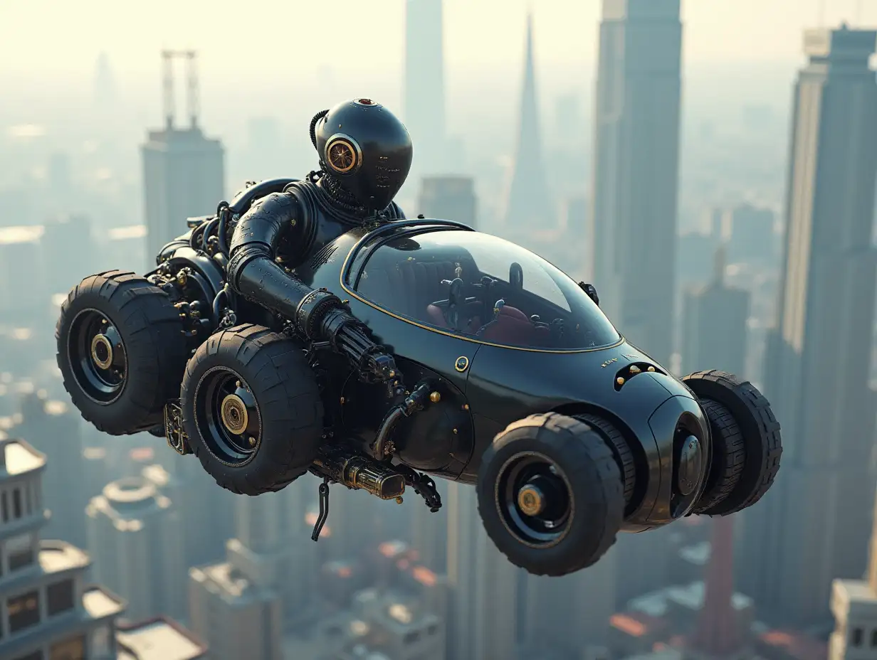 Steampunk  robots black grey in the ultra modern city with flying car panorama