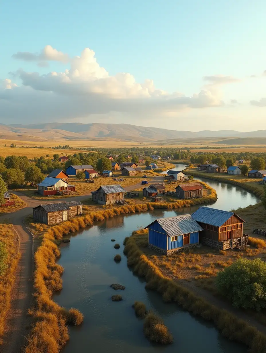 A highly detailed 3D-rendered aerial view of Borovskoye village in Mendykary district, Kostanay region, Kazakhstan. The scene captures the rural landscape with traditional Kazakh houses featuring blue and white walls, wooden fences, and metal roofs. The village is surrounded by golden fields, patches of dense forest, and a winding river reflecting the soft hues of the setting sun. Unpaved roads weave through the settlement, with small farms, livestock, and a few local people engaging in daily activities. In the background, rolling hills extend into the horizon under a vast blue sky with scattered clouds. The atmosphere is warm and peaceful, showcasing the unique beauty of rural Kazakhstan in a realistic and immersive 3D style.