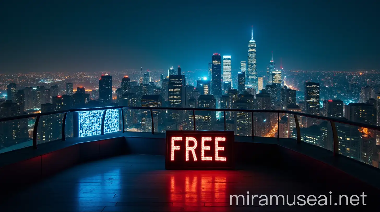 Vibrant Nighttime Cityscape with Illuminated Skyscrapers and FREE Signage