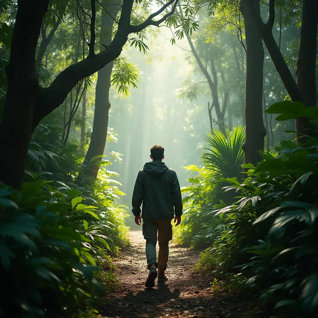 A man walks through a beautiful tropical rainforest